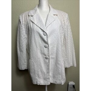 JM Collection Women's Lined Blazer White Size 16 Eyelet 3/4 Sleeves Cottagecore